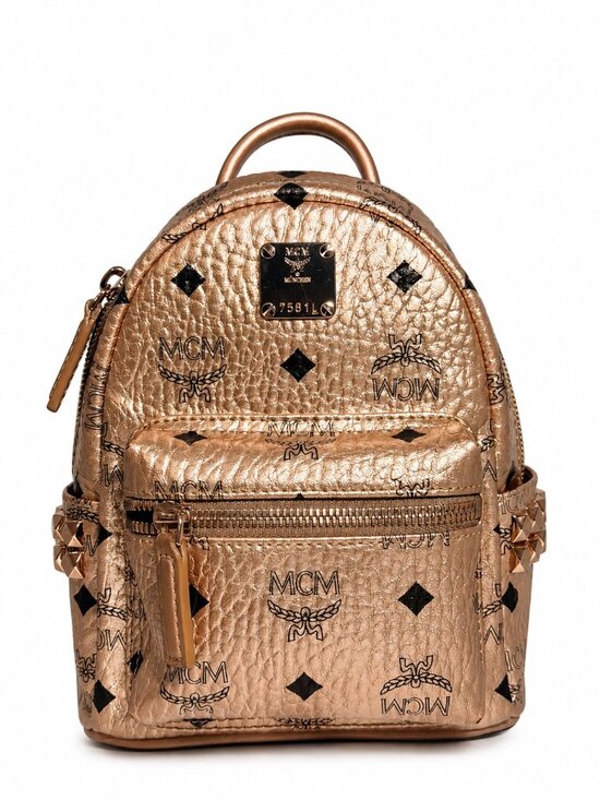 MCM Handbags - MCM Stark Mini Rose Gold Visetos Studded Backpack